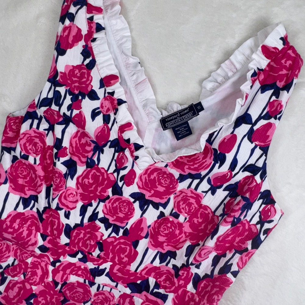 Vineyard Vines Dress Womens 10 Pink Floral Kentucky Derby Ribbed Ruffle V-Neck